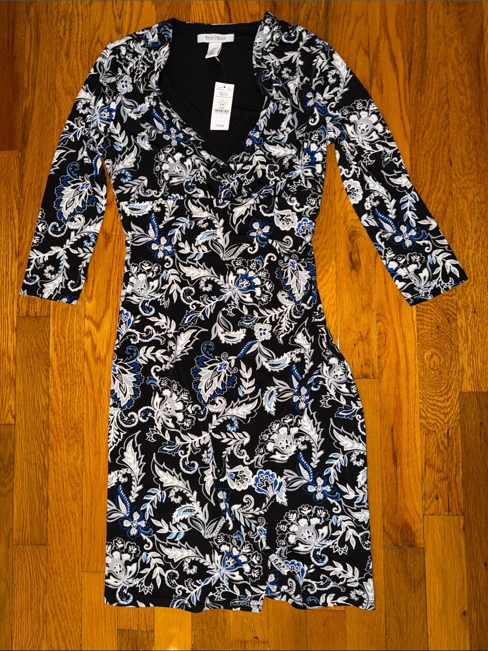 White House Black Market Black, White & Blue Floral Wrap-Style Dress